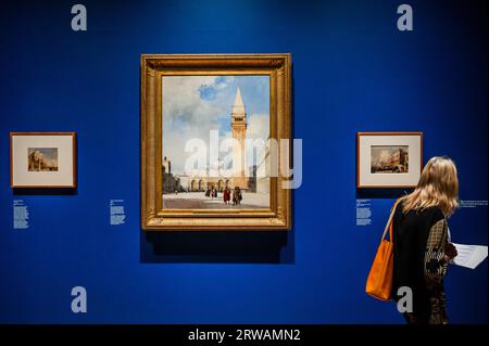 London, UK. 18th Sep, 2023. Boningtons views of Venice including The Piazza San Marco, 1828 (larger painting) - Turner and Bonington: Watercolours from the Wallace Collection runs 20 September 2023 - 21 April 2024. Credit: Guy Bell/Alamy Live News Stock Photo