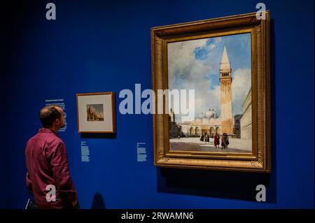 London, UK. 18th Sep, 2023. Boningtons views of Venice including The Piazza San Marco, 1828 (larger painting) - Turner and Bonington: Watercolours from the Wallace Collection runs 20 September 2023 - 21 April 2024. Credit: Guy Bell/Alamy Live News Stock Photo