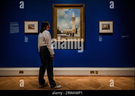 London, UK. 18th Sep, 2023. Boningtons views of Venice including The Piazza San Marco, 1828 (larger painting) - Turner and Bonington: Watercolours from the Wallace Collection runs 20 September 2023 - 21 April 2024. Credit: Guy Bell/Alamy Live News Stock Photo