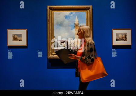 London, UK. 18th Sep, 2023. Boningtons views of Venice including The Piazza San Marco, 1828 (larger painting) - Turner and Bonington: Watercolours from the Wallace Collection runs 20 September 2023 - 21 April 2024. Credit: Guy Bell/Alamy Live News Stock Photo