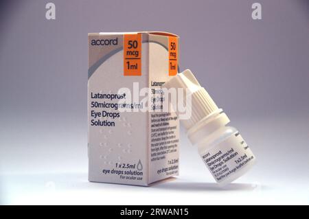 Box & Bottle of Latanoprost 50mg/ml + 1mg/ml Eye Drop Solution by  Accord to Treat Glaucoma and Ocular Hypertension. Stock Photo