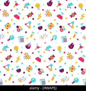 Pictogram of chemical lab tests seamless pattern. Laboratory reagents and equipment for science. Test tubes and materials for chemical research. Ornam Stock Vector