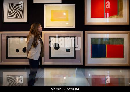 Bonhams, London, UK. 18th Sep, 2023. Bonhams Prints and Multiples sale takes place on 20th September. Works include: John Hoyland (right), Richard Lin (left). Credit: Malcolm Park/Alamy Live News Stock Photo