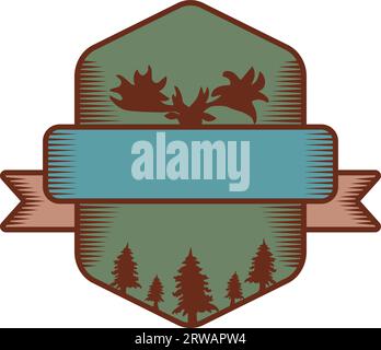 Colored logo emblem of seasoned male moose with huge antlers in forest. Badge template for slogan and name brand against of hexagonal shield backdrop Stock Vector