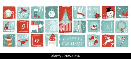 Cute hand drawn Christmas advent calendar. Lovely doodle drawings, vector design Stock Vector