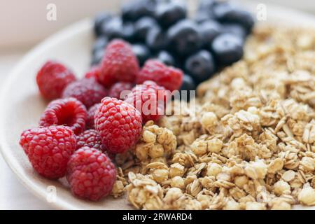Muesli with blueberries and raspberries, close up. Granola with wild berries. Healthy eating. Bowl of oat flakes and blueberry and raspberry. Stock Photo