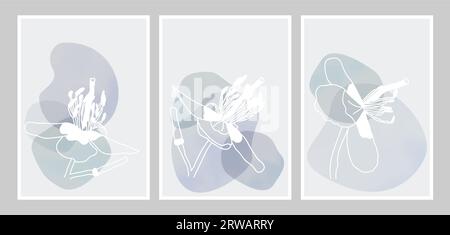 Modern Floral and Geometric Abstract Wall Art in Light Gray, Blue and Green Colors Stock Vector