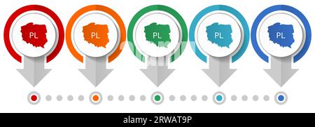 Map of Poland vector icon set, flat design infographic template, set pointer concept icons in 5 color options for webdesign and mobile applications Stock Vector