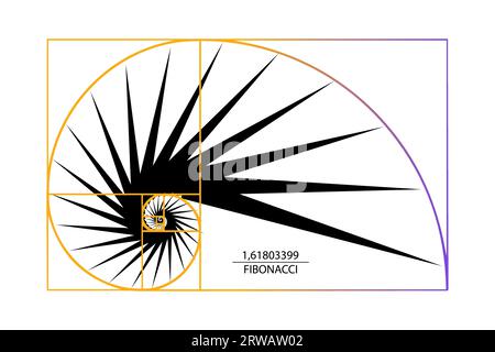 Fibonacci number sequence. Golden ratio. Geometric shapes spiral. Snail spiral. Sea shell of black triangles. Sacred geometry logo template. Logarithm Stock Vector