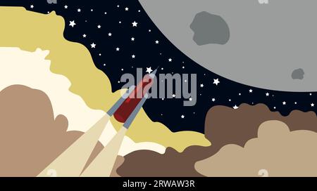 Rocket launch to the Moon. Cute space background with stars, moon, rocket, clouds, smoke. Vector Illustration. World space week. Stock Vector