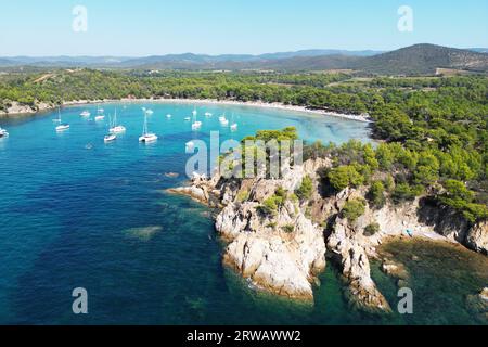 Panoramic Aerial Photo of Plage de l'Estagnol in the Var department, Provence-Alpes-Côte d'Azur Region of South Eastern France. Stock Photo