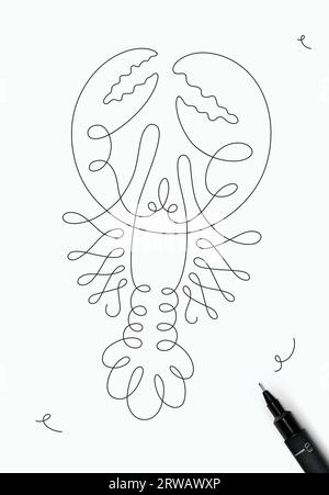 Lobster sea creature drawing in pen line style on white background Stock Vector