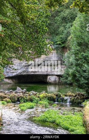 Source Riviere Main France, Cote d'Or, Source-Seine, site with sources of the Seine, cave ...