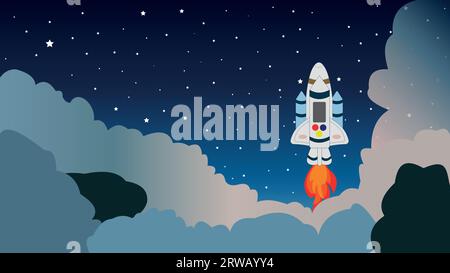 Rocket launch to the Space. Cute space background with stars, rocket, clouds, smoke. Vector Illustration. World space week. Stock Vector