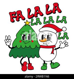 Fa la la -  Happy winter illustration with Christmas tree and snowman. Funny retro Christmas greeting card with vintage cartoon tree character in groo Stock Vector