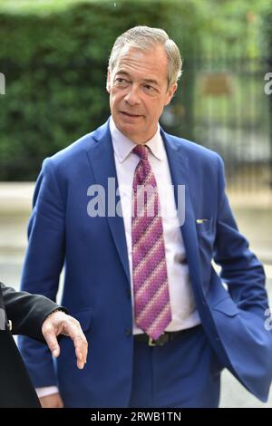 London, England, UK. 18th Sep, 2023. British broadcaster and former politician, NIGEL FARAGE, seen outside the Institute For Government ahead of Liz Truss's speech on the UK economy. (Credit Image: © Thomas Krych/ZUMA Press Wire) EDITORIAL USAGE ONLY! Not for Commercial USAGE! Credit: ZUMA Press, Inc./Alamy Live News Stock Photo