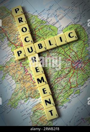 Public procurement in Scrabble letters on a map of Great Britain, Stock Photo