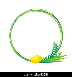 Happy Sukkot round frame with wreath lulav and etrog. Jewish holiday Sukkot decoration background with etrog, lulav, arava, hadas. Vector design Stock Vector