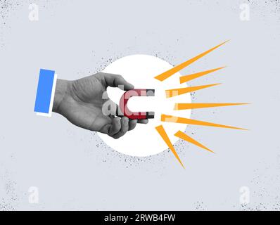 Collage with hand holding a magnet. Customer acquisition. Stock Photo