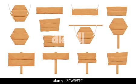 Cartoon wood boards signs and brown wooden banners. Timber plate plank ...