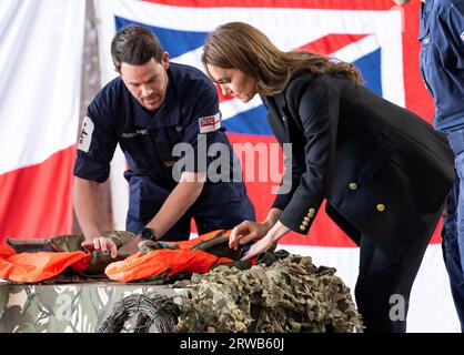 Somerset, UK. September 18th, 2023. The Princess of Wales visits Royal Naval Air Station Yeovilton, one of the Royal Navy's two principal air stations, and one of the busiest military airfields in the UK. The visit follows the recent announcement that His Majesty The King has appointed The Princess, Commodore- in-Chief, Fleet Air Arm. Credit: Doug Peters/EMPICS/Alamy Live News Stock Photo