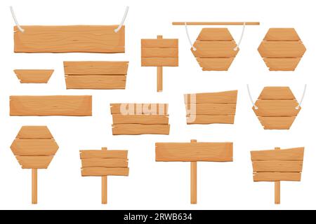 Set of Wooden banners, Textured templates of billboards, rustic announcement signs. Vector cartoon collection of wooden texture backgrounds Stock Vector