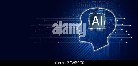 AI concept CG with a human face shape drawing on a blue background Stock Photo