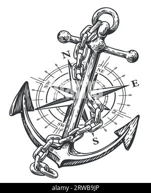 Compass, Rose of Wind and Anchor with rope in engraving style. Vintage sketch vector illustration Stock Vector