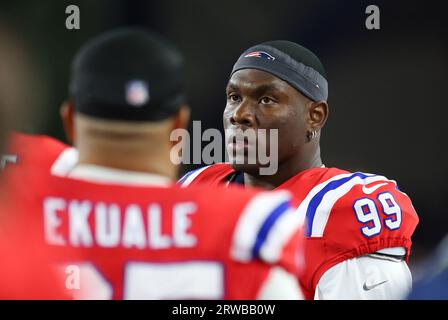 New England Patriots' Keion White rushes against the Houston Texans ...