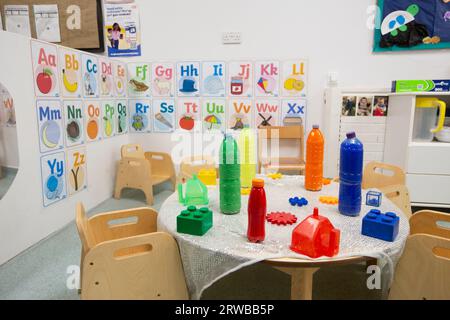 Nursery classroom scene for primary aged school children full of children's activities. Stock Photo