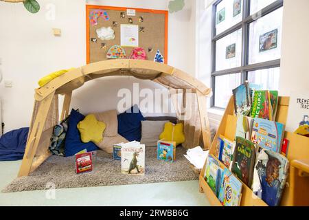 Nursery classroom scene for primary aged school children full of children's activities. Stock Photo