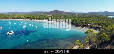 Panoramic Aerial Photo of Plage de l'Estagnol in the Var department, Provence-Alpes-Côte d'Azur Region of South Eastern France. Stock Photo