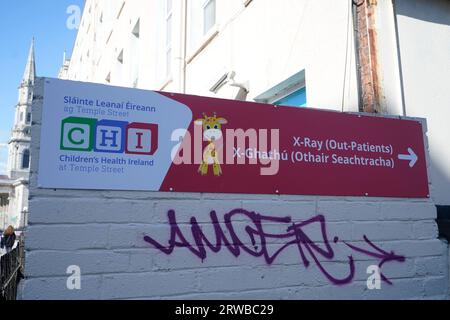 Signage outside Irish children's hospital Temple Street Hospital in Dublin. An external review into spinal surgery at the children's hospital has been ordered by the Health Service Executive (HSE) following a number of poor outcomes including the death of a child. It follows the publication of a Children's Health Ireland (CHI) report on spinal surgery for spina bifida patients at Temple Street Hospital. Picture date: Monday September 18, 2023. Stock Photo