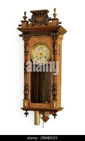 Antique wooden weight-driven wall clock, isolated on white background Stock Photo