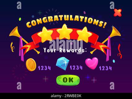 Game achievement reward, interface badge and icons with congratulation ribbons and stars, vector GUI. Game level complete and rewards summary with coin, heart and diamond bonus win for arcade game Stock Vector