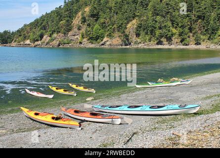 Colorful kayaks beached at low tide on a rocky shore await paddlers for a summer excursion on calm Puget Sound waters in the Pacific Northwest Stock Photo