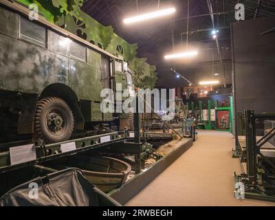 Bedford QL Office Truck (1940s) on a Mark III folding boat bridge on display in the Royal Engineers Museum in Gillingham, Kent, UK. Stock Photo