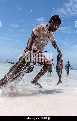 Dar es Salaam, Tanzania - March 2021: Daily life of African fishermen at the Kivukoni Fish Market. Covid time in Africa. High quality photo. High qual Stock Photo