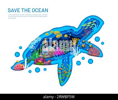 Cartoon sea paper cut underwater landscape with fish shoal and seaweeds ...