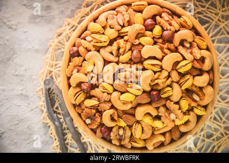 Mix of roasted salted nuts. Top view with copy space. Stock Photo