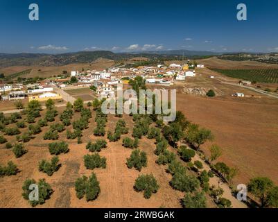 Aerial view of the town of Las Navas de Tolosa surrounded by olive fields (Jaén, Andalusia, Spain) ESP: Vista aérea del pueblo de las Navas de Tolosa Stock Photo