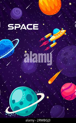 Space landscape poster with flying spaceship, galaxy planets, comet and stars vector background. Cartoon outer space with rocket or alien UFO spacecraft on spaceflight in starry galactic sky Stock Vector
