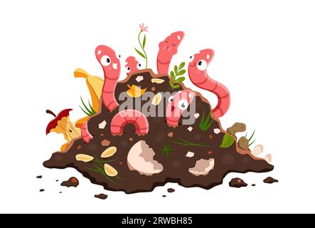 Cartoon funny earth worm characters in compost, soil humus. Vermicomposting. Isolated vector earthworms with smiling faces stick out of pile with organic waste. Useful insect in garden, pest creatures Stock Vector