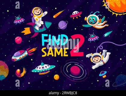 Find two same cartoon characters in starry galaxy space with kid astronaut and alien, vector quiz game. Kid spaceman on galaxy starship or alien UFO in outer space, worksheet to find and match objects Stock Vector