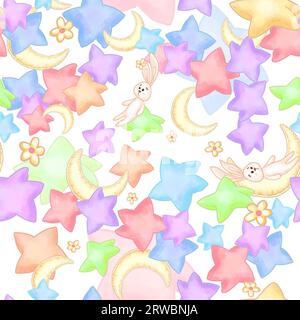 Children's plush toys multi-colored stars, moons, daisies and a plush bunny. Seamless pattern. For printing on fabrics and wallpaper for babies. Decorating a children's room for a boy and a girl. High quality illustration Stock Photo