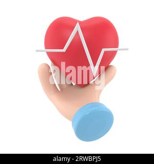 3d render. Medical heart rate icon. Doctor or cardiologist cartoon hand holding heart with chart line. Healthcare illustration. Cardiogram clip art.3D Stock Photo