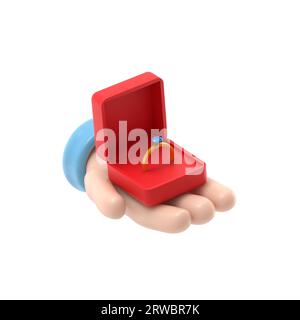 Proposal marriage.3d illustration isometric 3d design. Man is holding in hand an open box with a wedding ring and diamond.3D rendering on white backgr Stock Photo