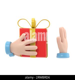 Refusal of gift. No corruption concept. Rejecting proposal. Man holding in hand gift box with ribbon. Gesture rejects the proposal. 3D rendering on wh Stock Photo