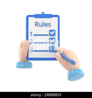 Rules concept. Businessman holding in hand clipboard with regulations. Checklist with requirements. Rule list on blank.3D rendering on white backgroun Stock Photo