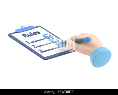 Rules concept. Businessman holding in hand clipboard with regulations. Checklist with requirements. Rule list on blank.3D rendering on white backgroun Stock Photo